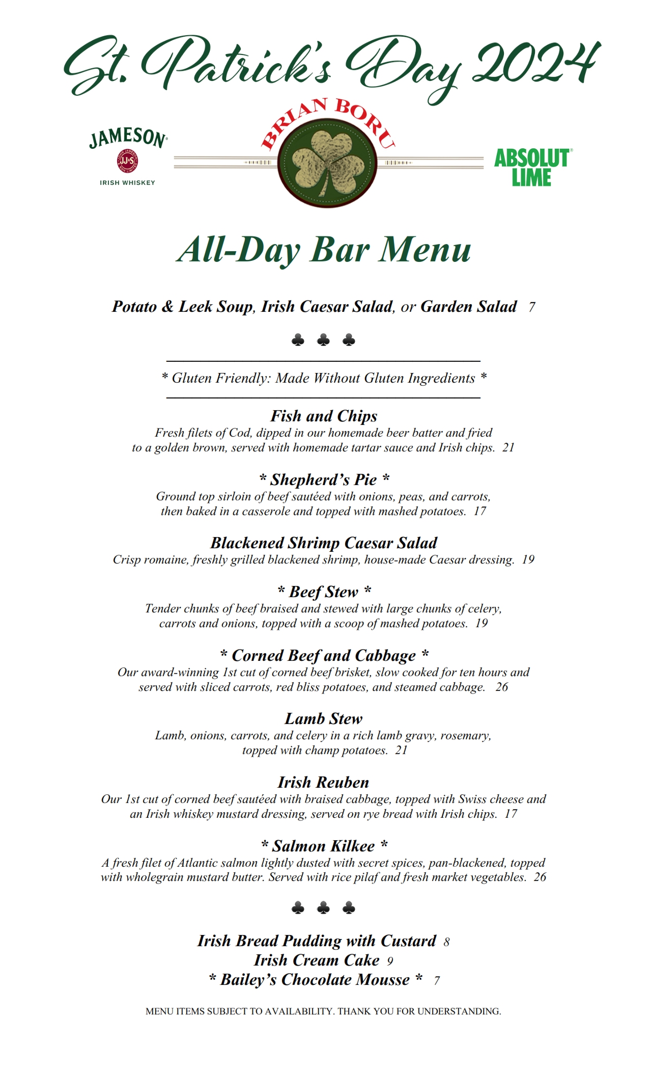 Saint Patrick's Day Menus